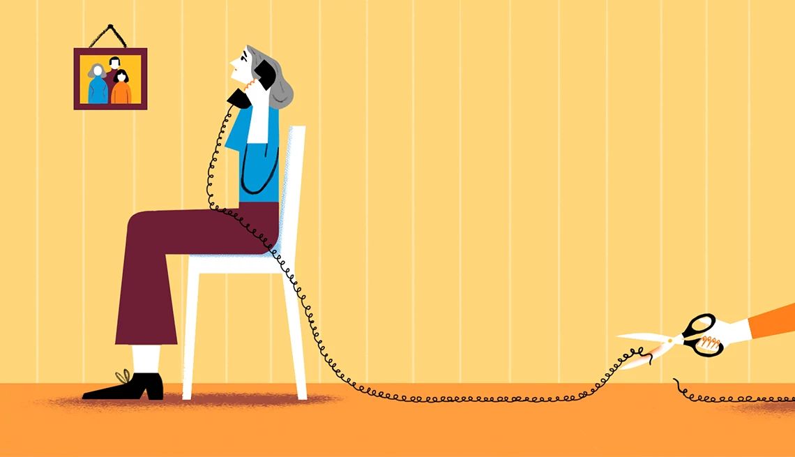 My Daughter Went No Contact a woman sits and holds a landline phone up to her ear. behind her, a hand cuts the cord to the phone