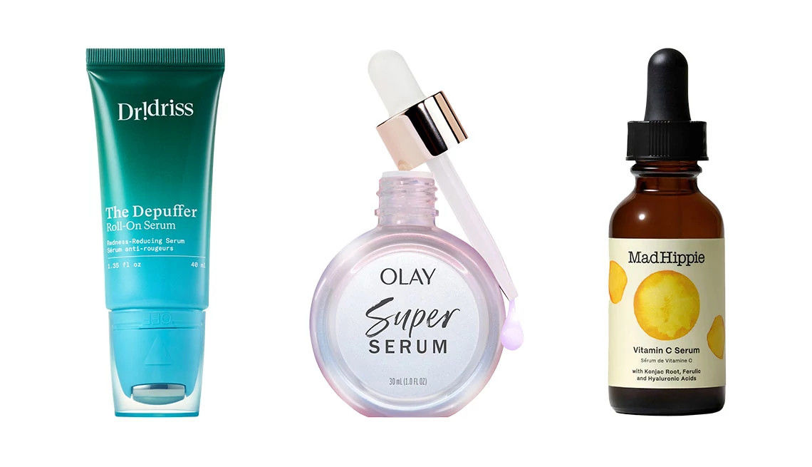 Dr !Driss The Depuffer: Roll On Serum; Olay Super Serum; Mad Hippie Vitamin C Serum
