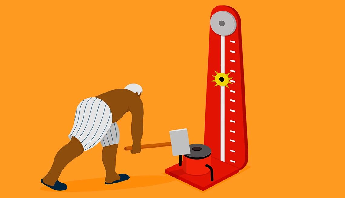 in the mood sex topics illustration of a man hitting a hammer on a strongman game