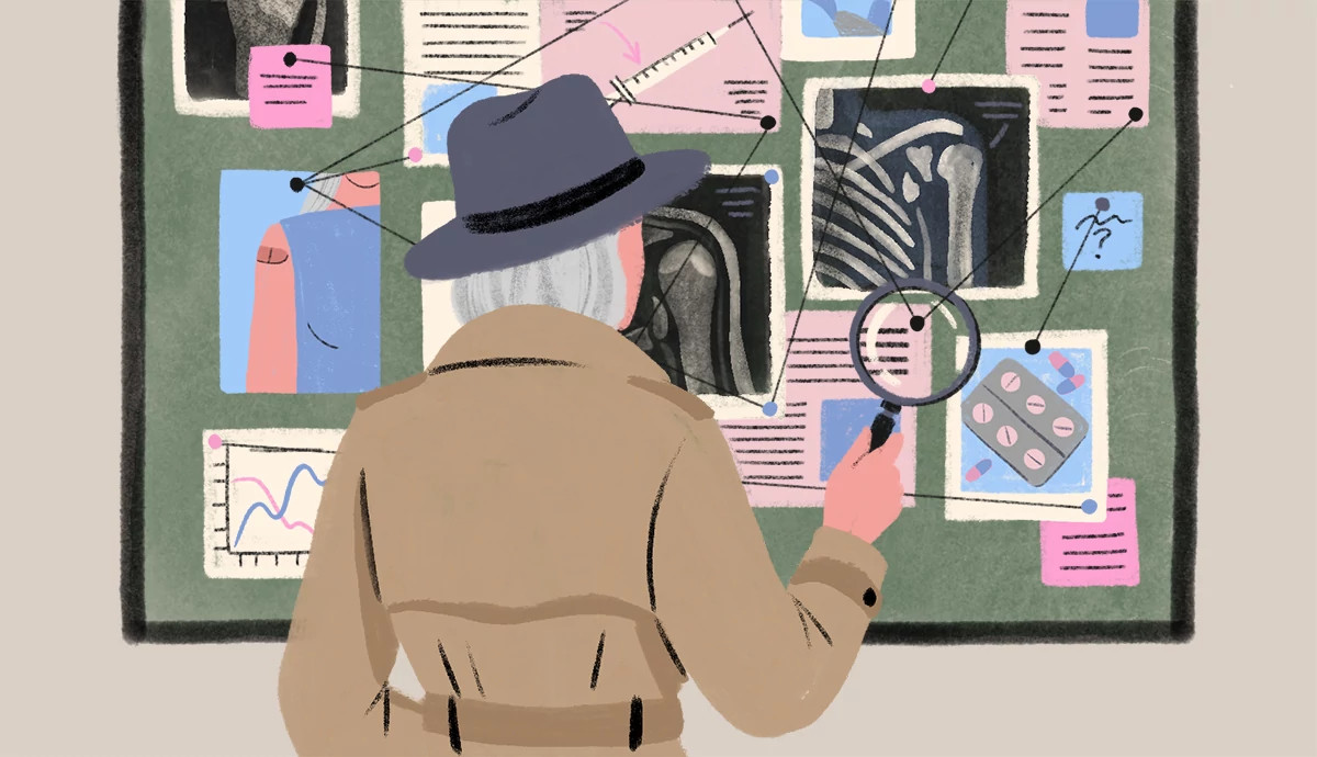 a person in a trenchcoat and hat looks at a wall covered in pinned up photos and papers from an investigation