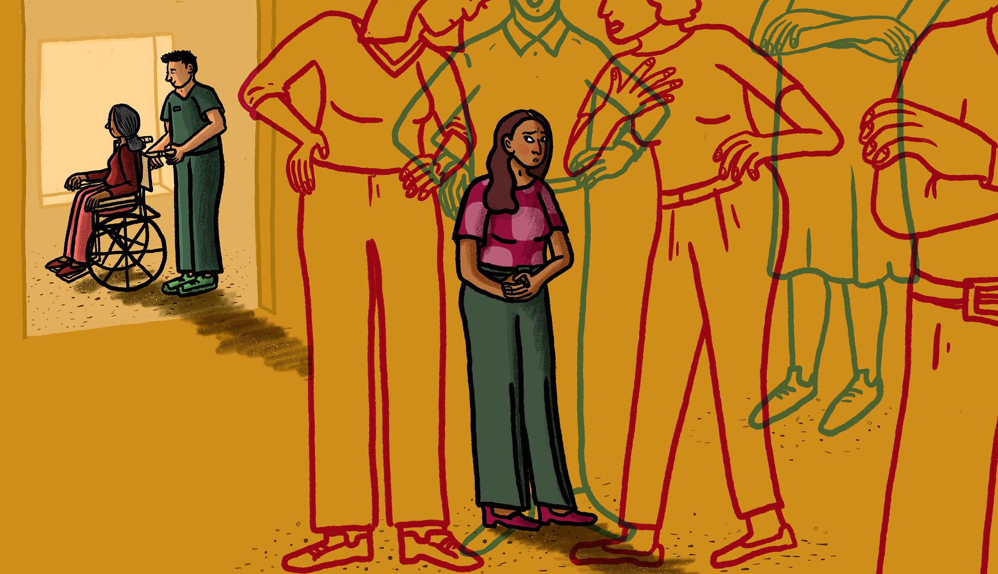 Nursing Home Criticism an illustration of a woman surronded by people with her mom and a nursing home staff member in the background