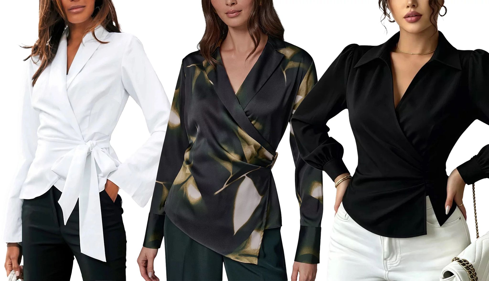 a collage with three different styles of wrap blouses