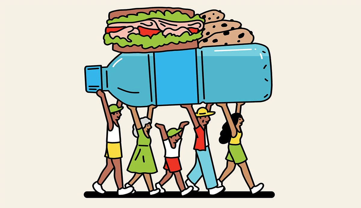 an illustration of people carrying a giant sandwich and water bottle