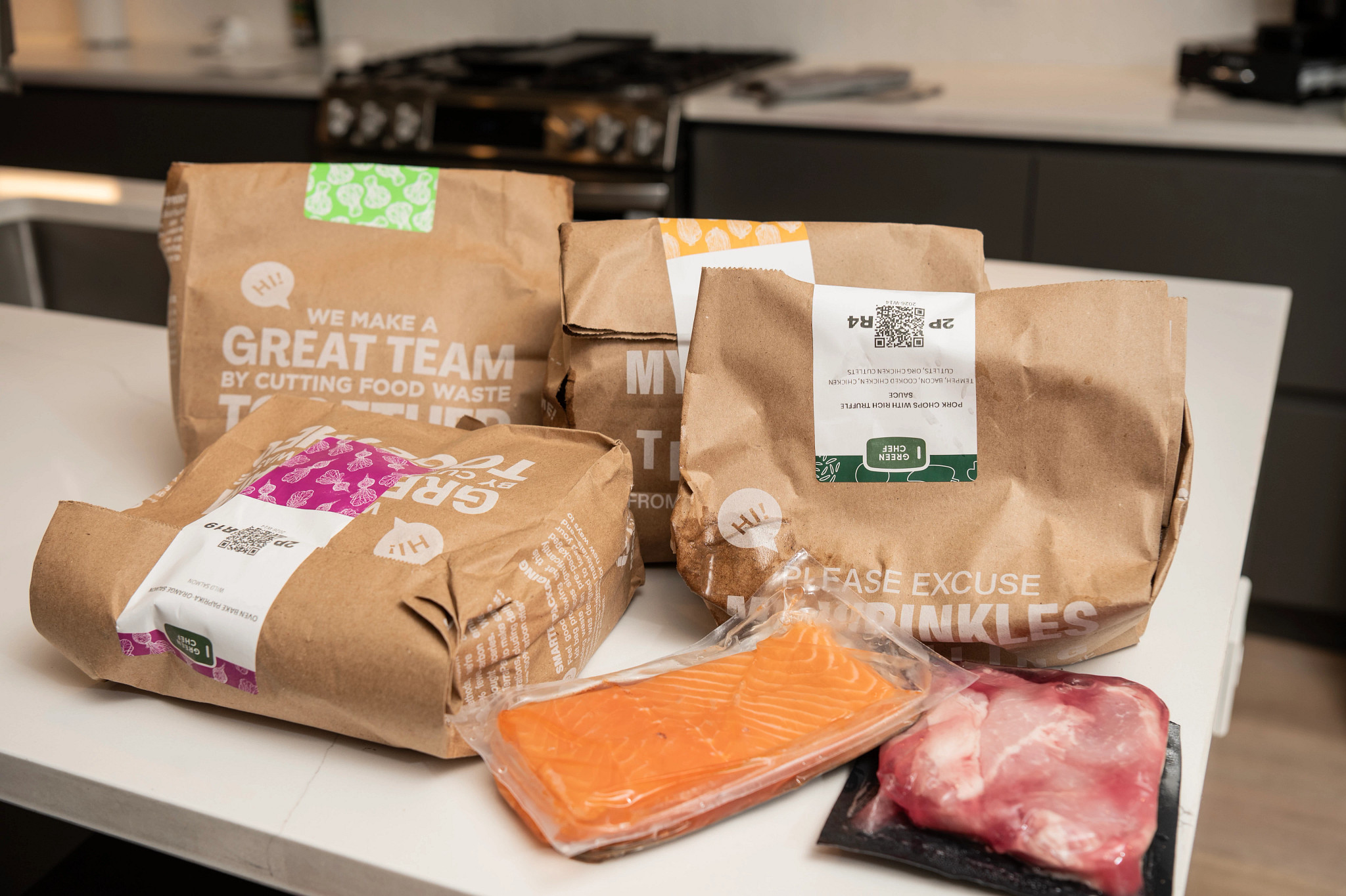 Green Chef meals are individually packaged on a counter