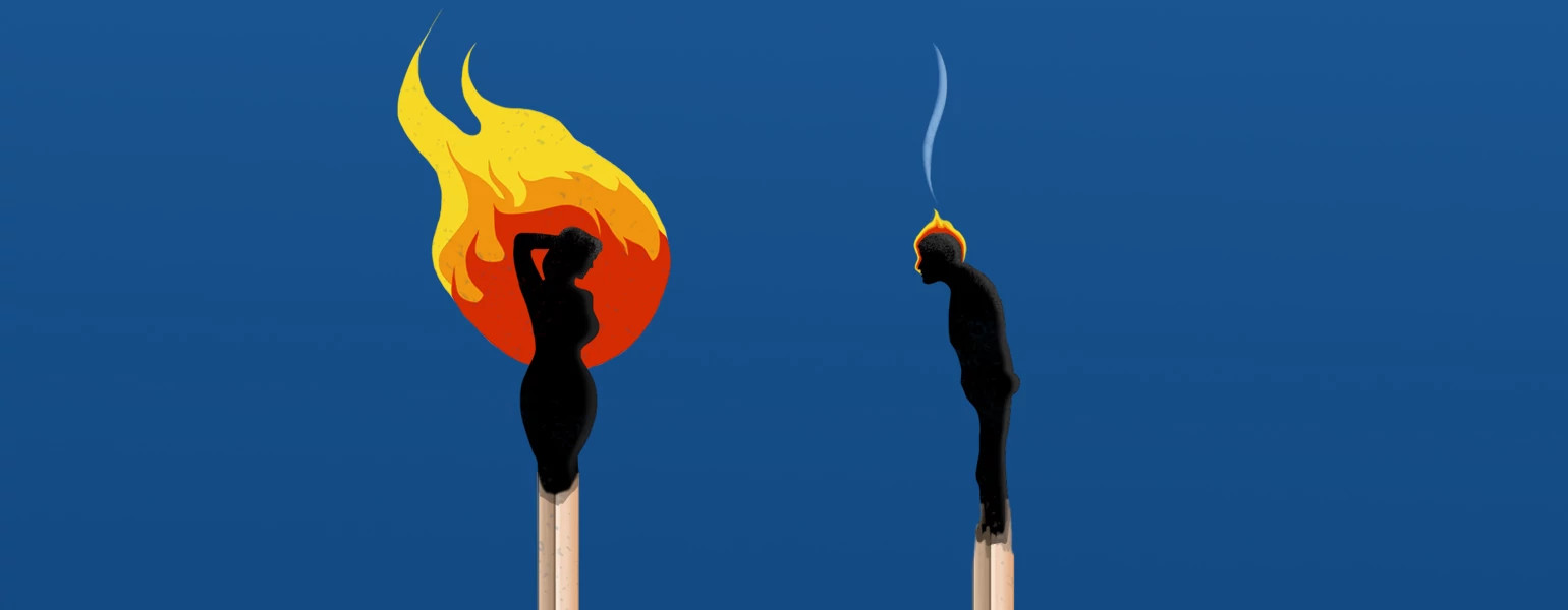 An illustration of a man and woman as matches - the woman's match is on fire as she strikes a sexy pose, while the man's match looks burned out as he slumps forward.