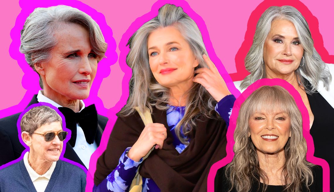 Women Are Ditching the Dye, Embracing the Gray a collage of portraits of Ellen DeGeneres, Andie MacDowell, Paulina Porizkova, Pat Benatar, and Lorraine Bracco