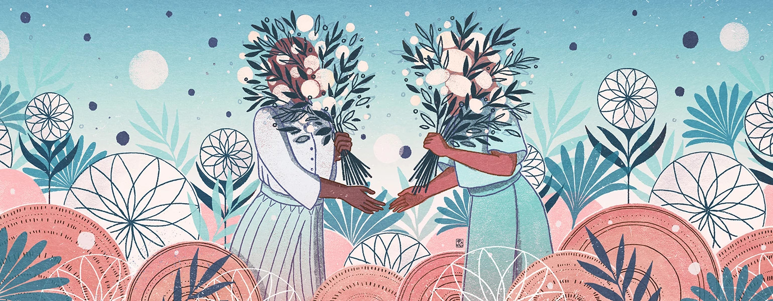 A graphic of two women about to shake hands as they meet with their faces covered by flowers.