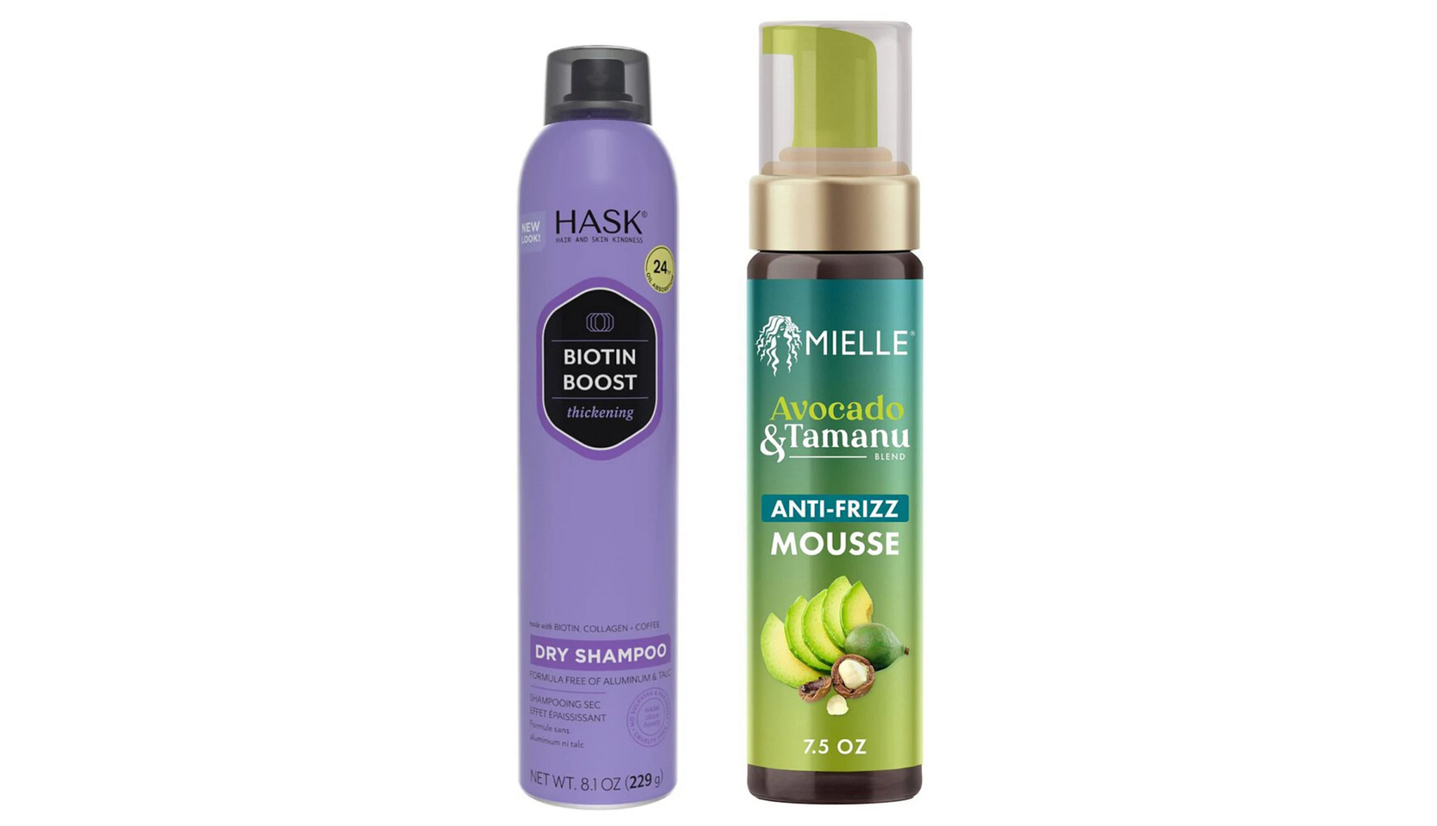 A collage with two different hair styling mousses that can be purchased at the drugstore