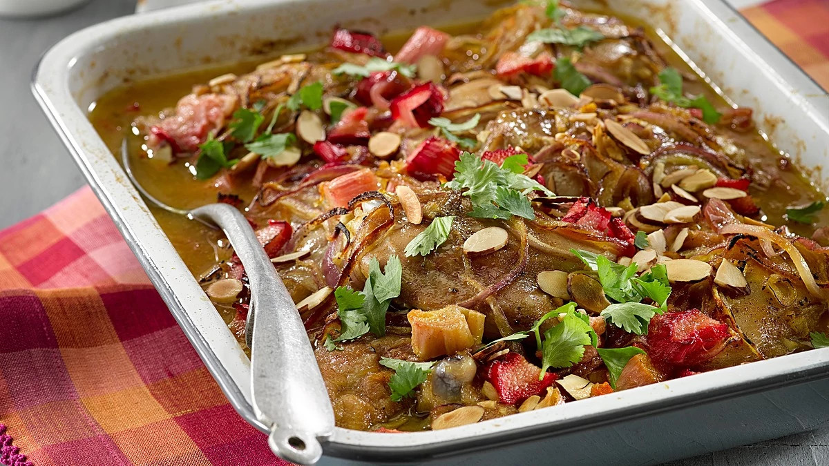 A close-up view of rhubarb, ginger and saffron baked chicken
