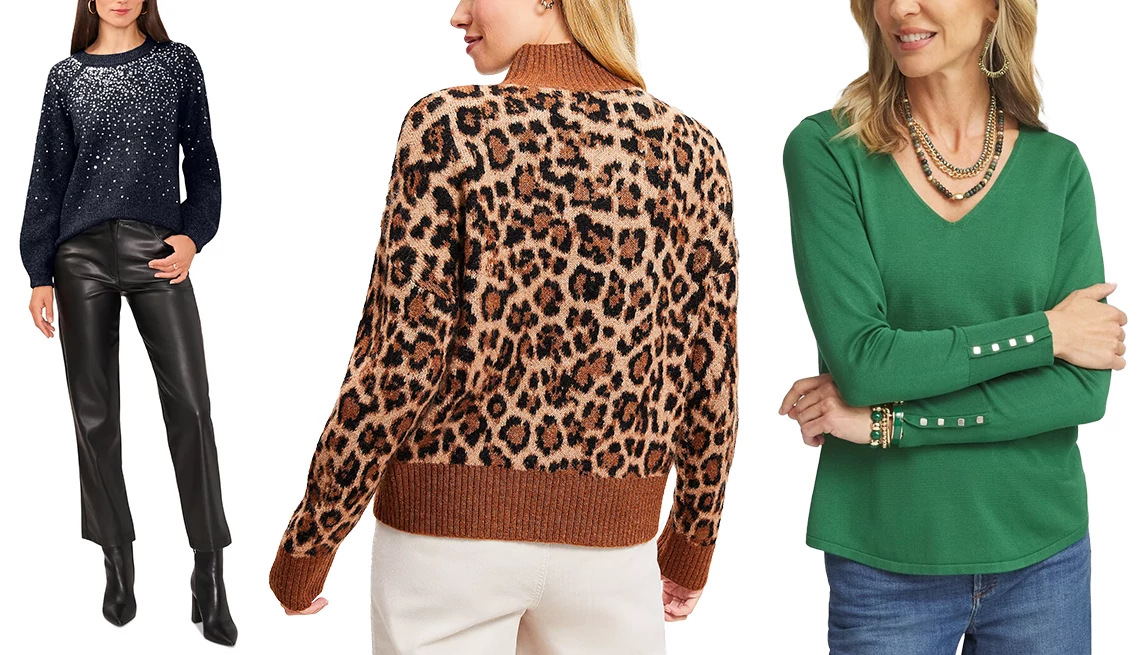 Let color and patterns elevate your pants, skirts and mood Vince Camuto Women’s Sequined Raglan-Sleeve Sweater in Classic Navy; Loft Leopard Print Modern Mockneck Sweater in Warm Sand Heather; Chico’s Button-Detail V-Neck Pullover Sweater in Juniper