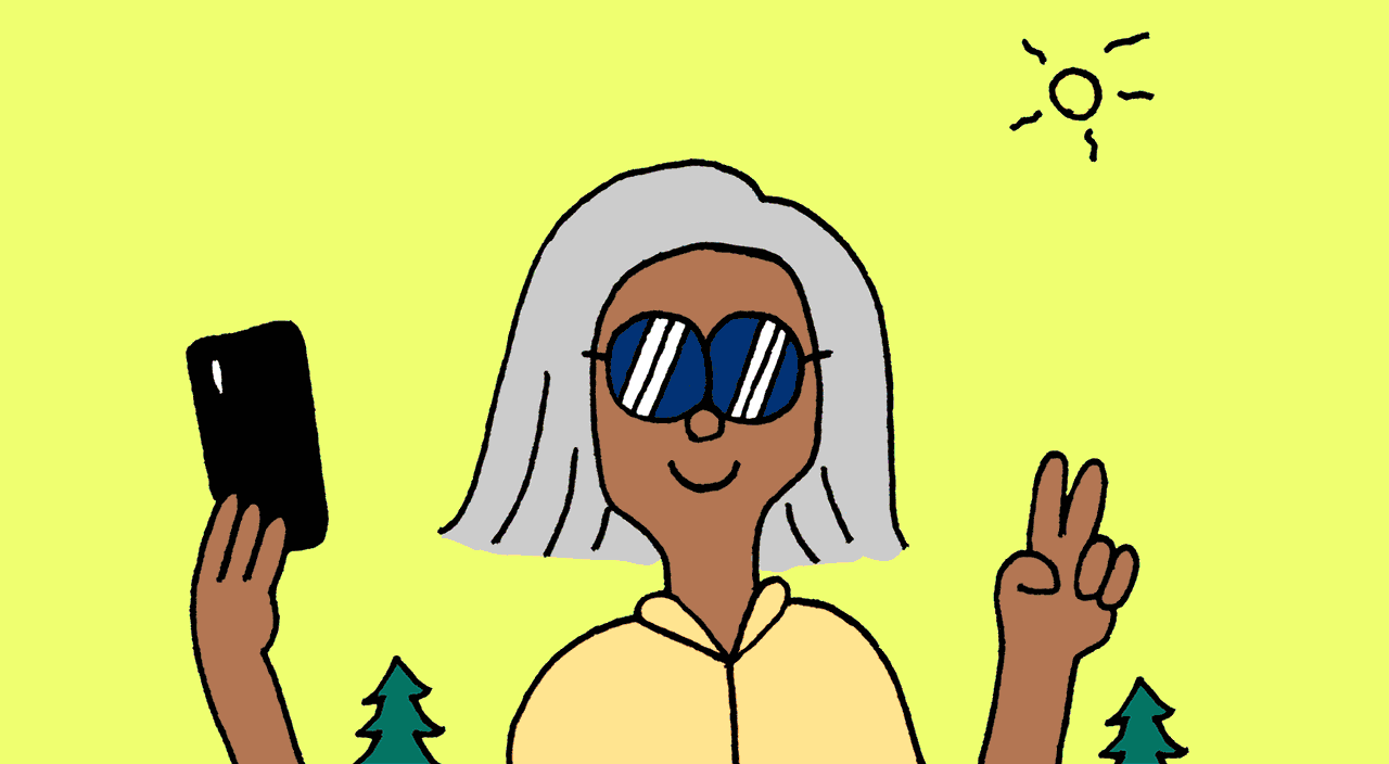 gif of woman posing with phone in different scenarios, illustration