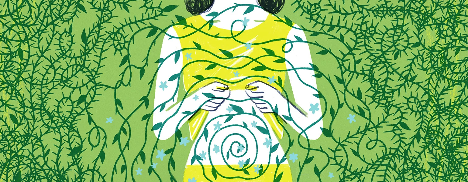 illustration of woman showing her stomach with green vine wrapping around 