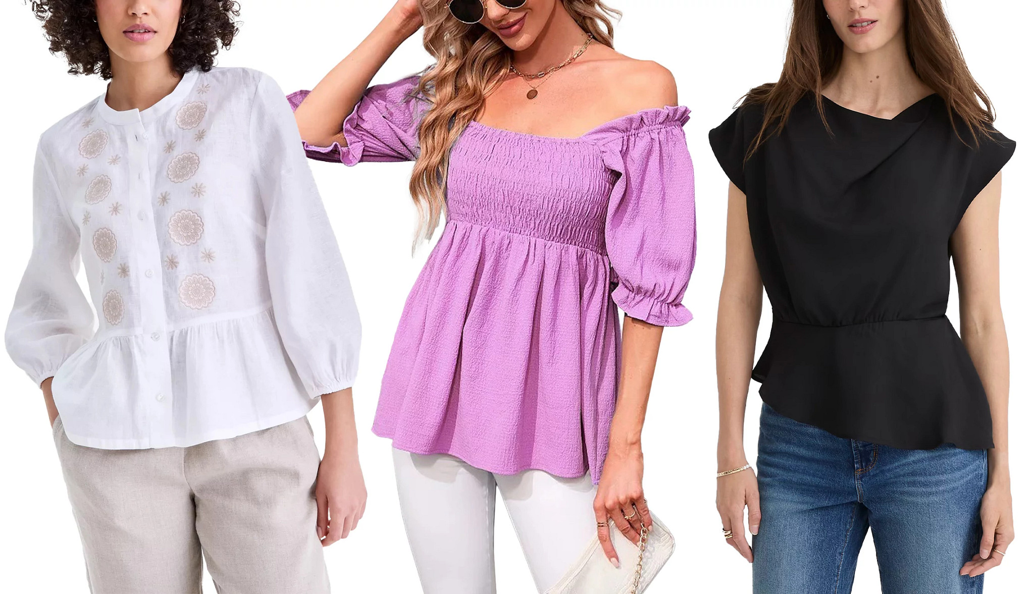 a collage with three models wearing blouses with peplums