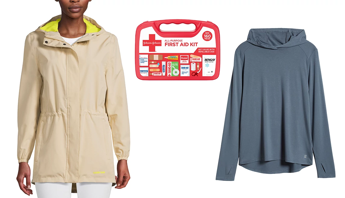 Lands’ End Women’s Waterproof Hooded Packable Raincoat in Vintage Straw/Sunlight Lime; Johnson & Johnson Band-Aid All-Purpose Portable Compact First-Aid Kit; Free Fly Women’s Shade Performance II Hoodie in Slate Blue
