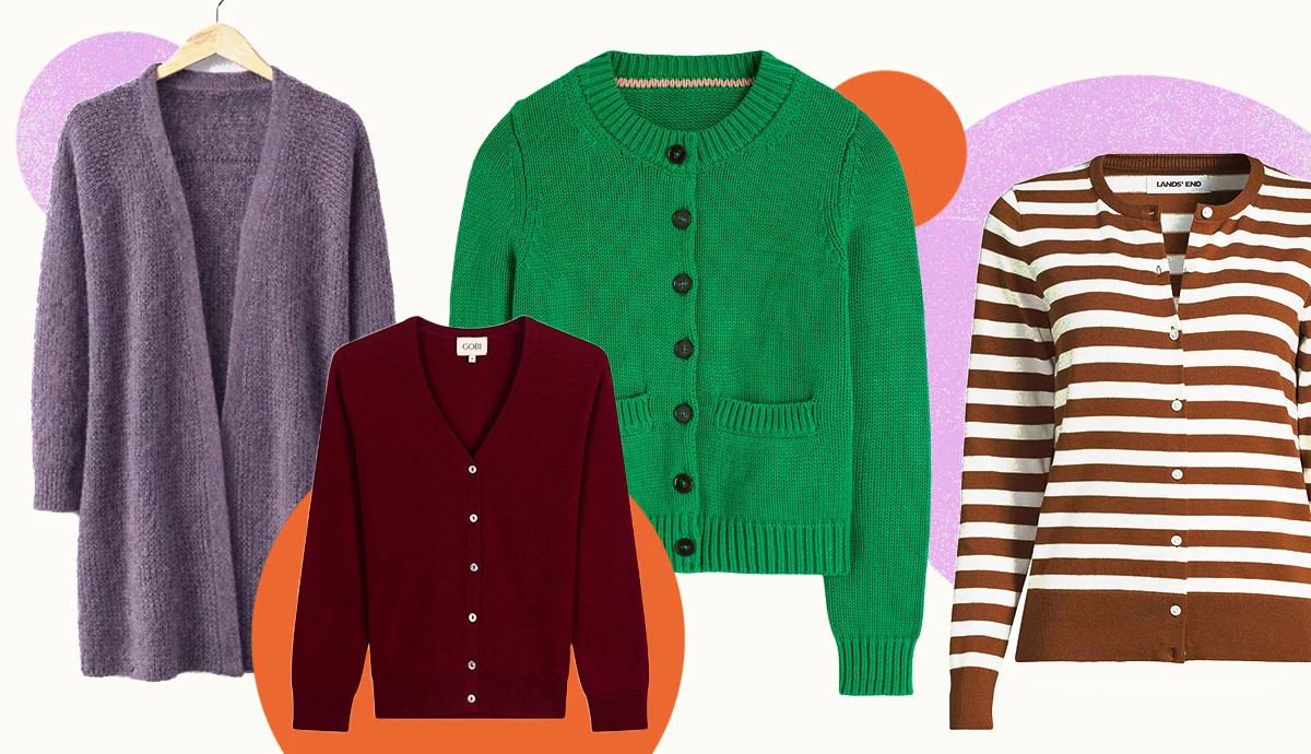 a collage with four different styles of cardigan sweaters and colorful circles