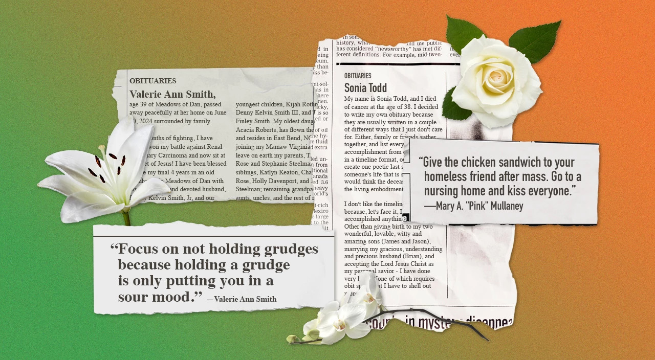 photo collage of newspaper clippings with quotes and copy from obituaries