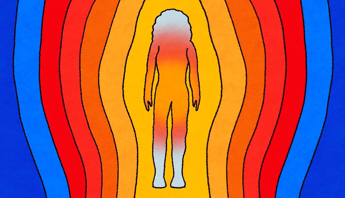 Conceptual illustration of a human figure centered within radiating bands of red, orange, yellow, and blue colors that symbolize body temperature changes and hot flashes associated with menopause