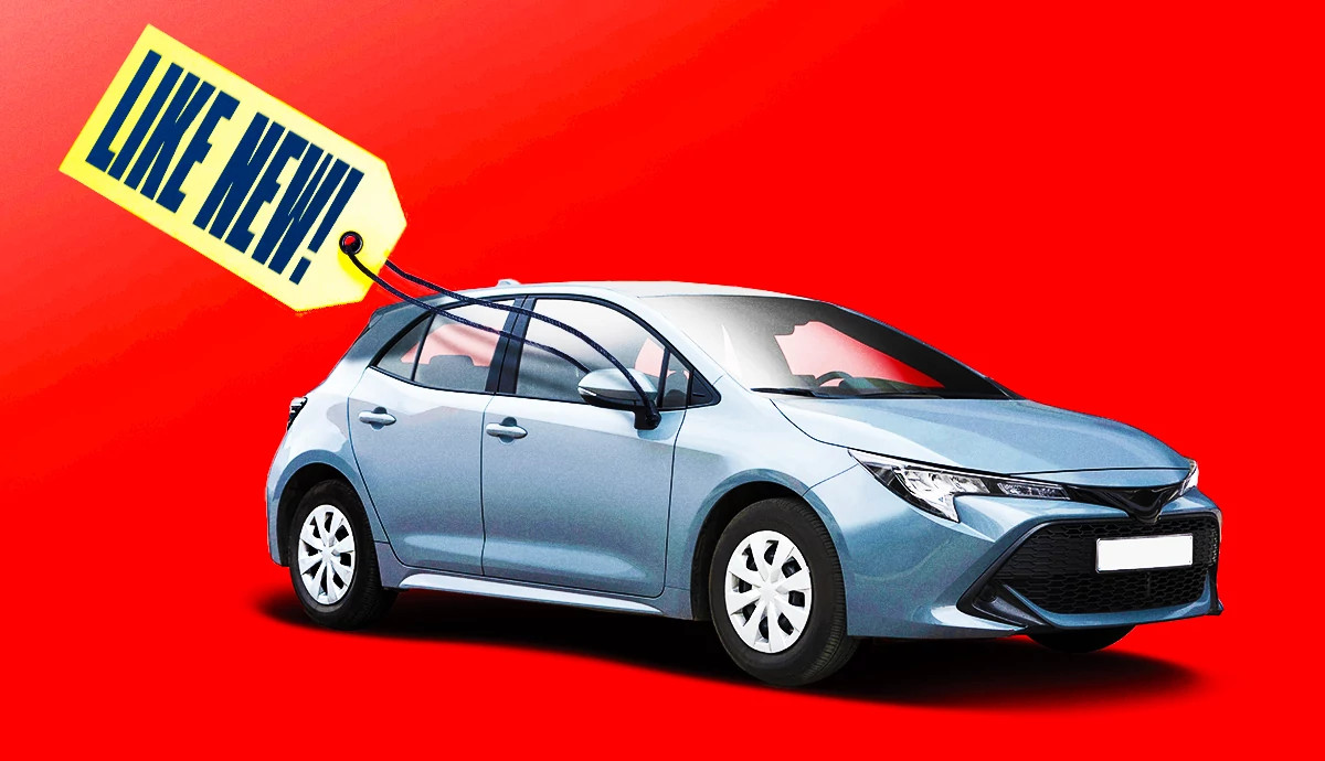 a photo and graphic illustration shows a car on red background with a giant sales ticket which says like new attached to it