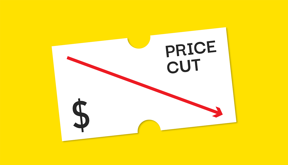 a tag showing red line at a downward angle with the words price cut on a yellow field
