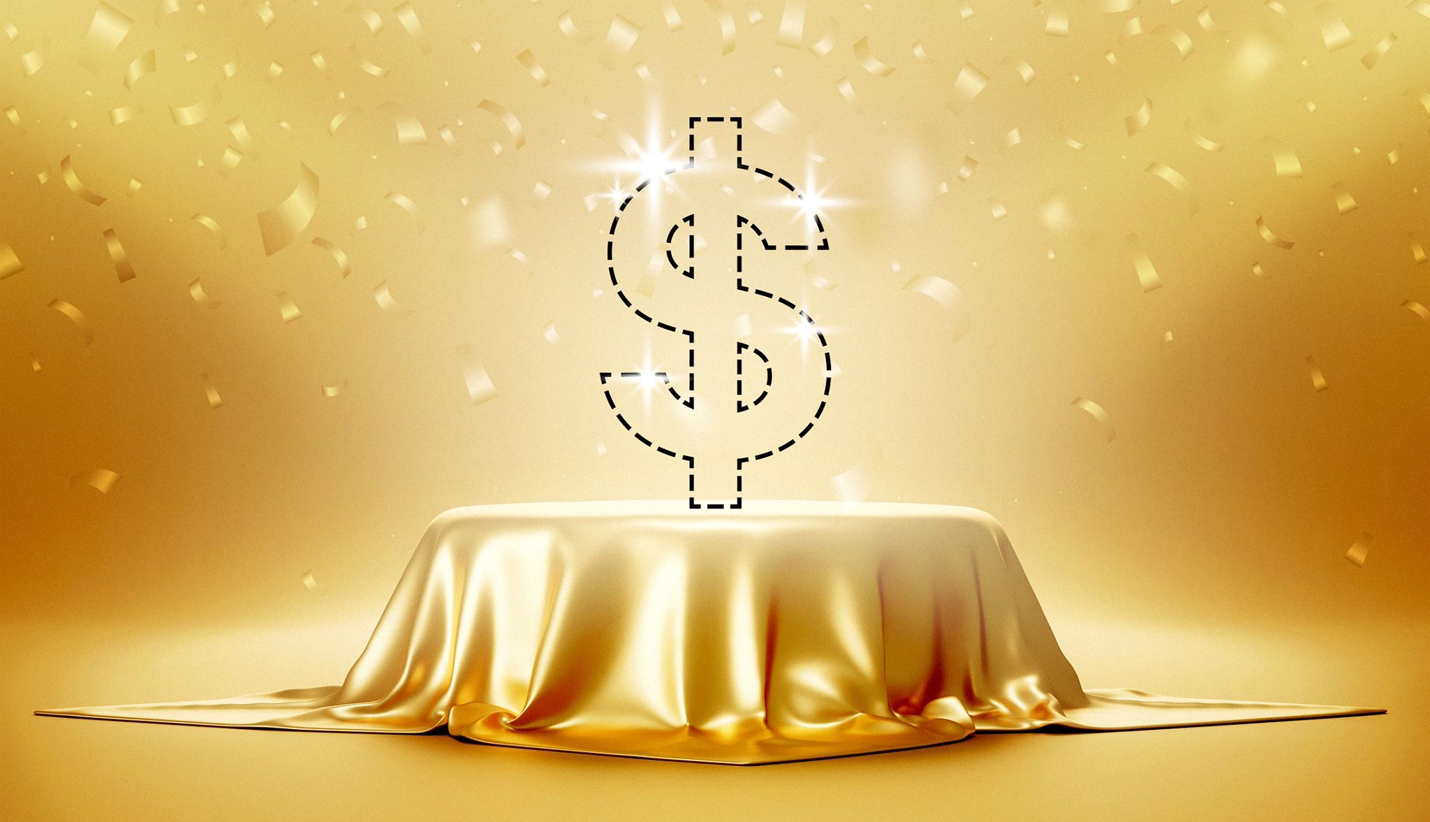 a dollar sign floats above a golden cloth covering an object