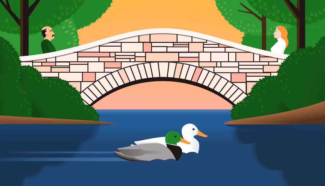 Romance in a Sexless Marriage An illustration shows an older adult man and woman staring at each other across a bridge over a waterway in a tree-filled park