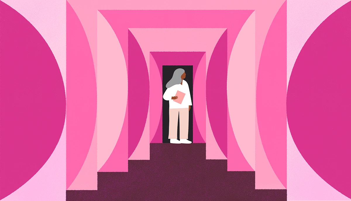 Graphic illustration of a woman with grey hair holding a folder, standing at the end of a long, stepped hallway made of pink, breast-shaped archways.
