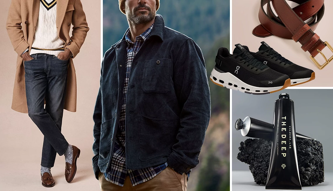 Men's fall fashion Various men's apparel featuring jeans, jackets, shoes, belts and skin care products