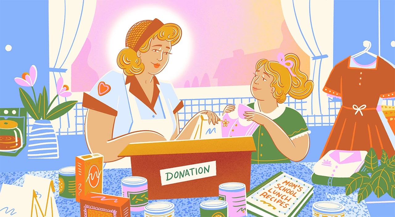 illustration of daughter with mom putting items in donation bin