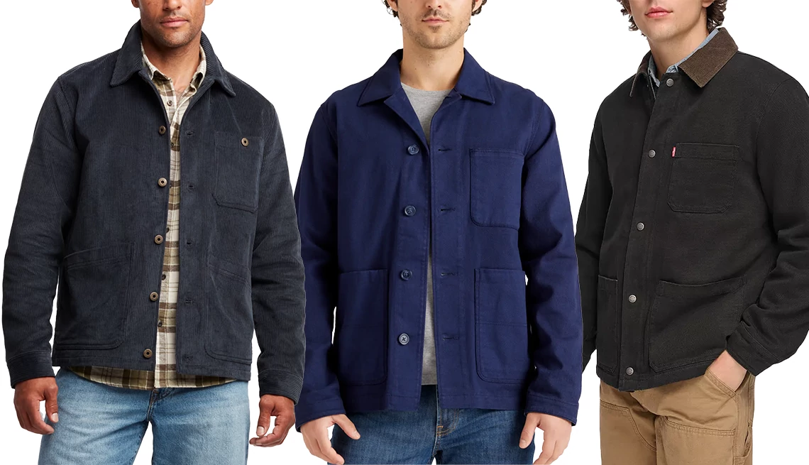 Men's jackets Line of Trade Sutter Shop Corduroy Jacket; Quince Organic Comfort Stretch Chore Jacket; Levi’s Trucker Jacket with Corduroy Collar