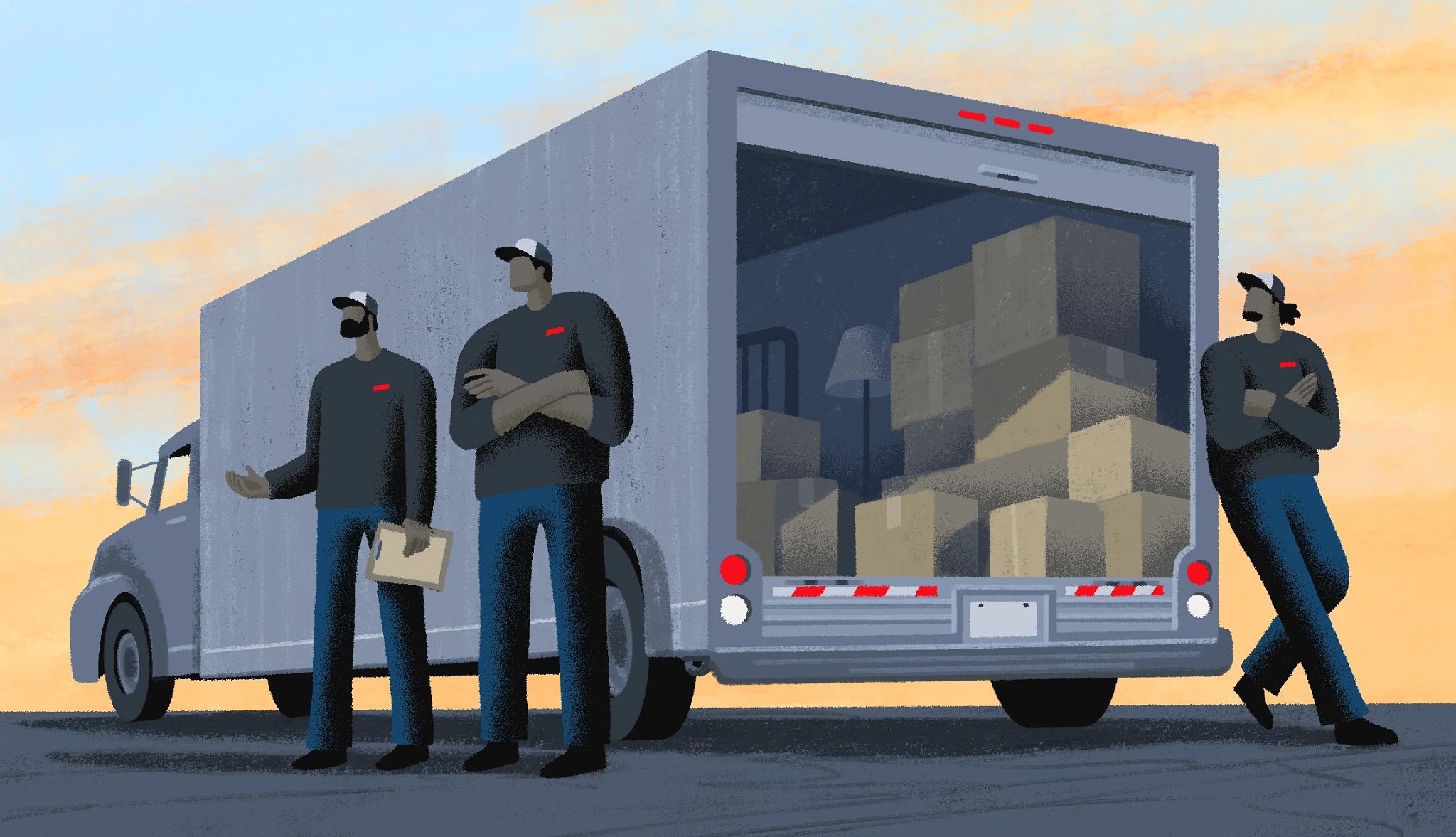 an illustration of men standing around a moving truck