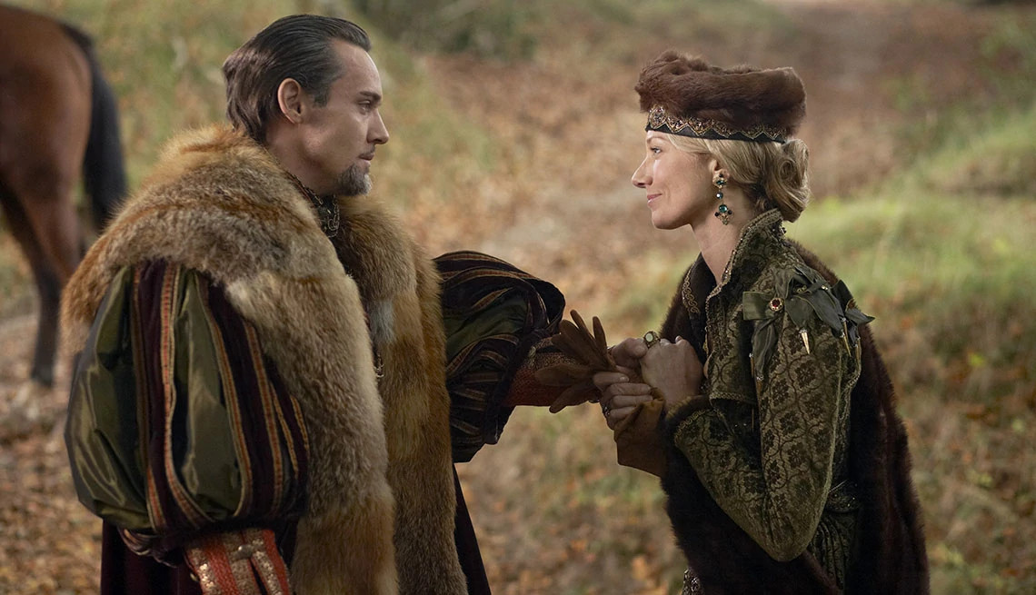 Jonathan Rhys Meyers and Joely Richardson looking at each other in a scene from The Tudors