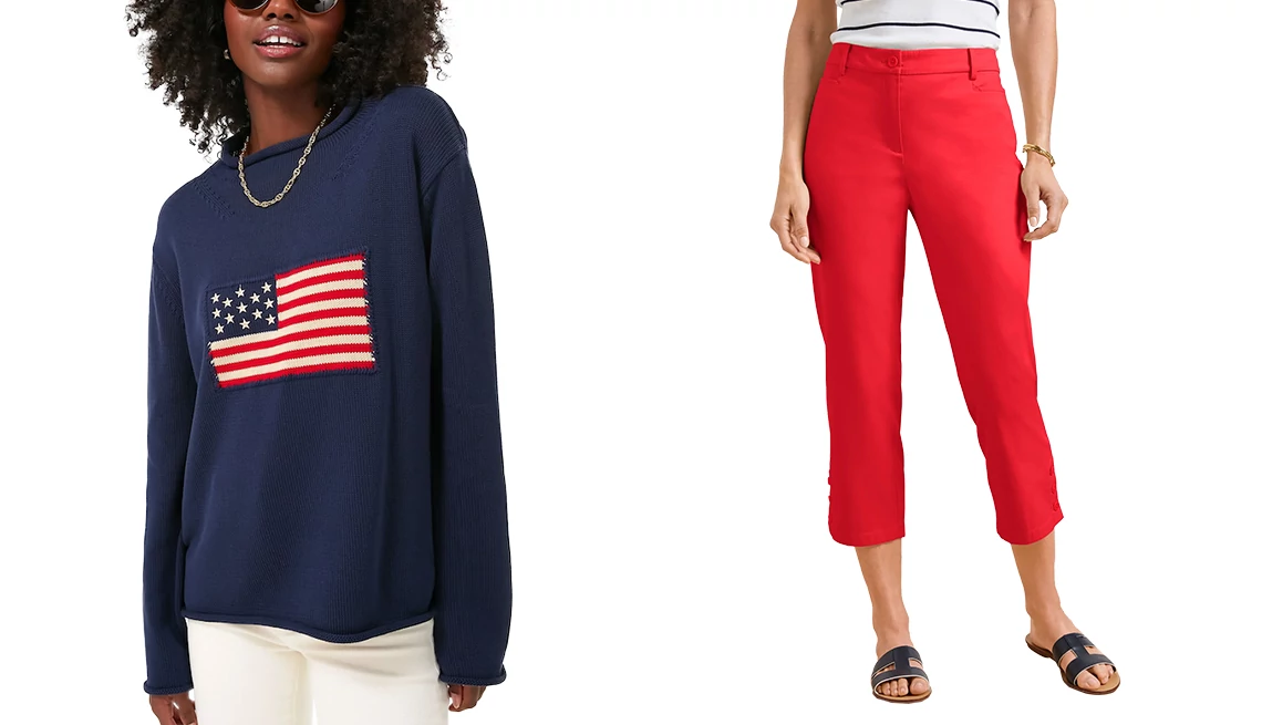 Suéter azul marino con la bandera de Estados Unidos y pantalones rojos.