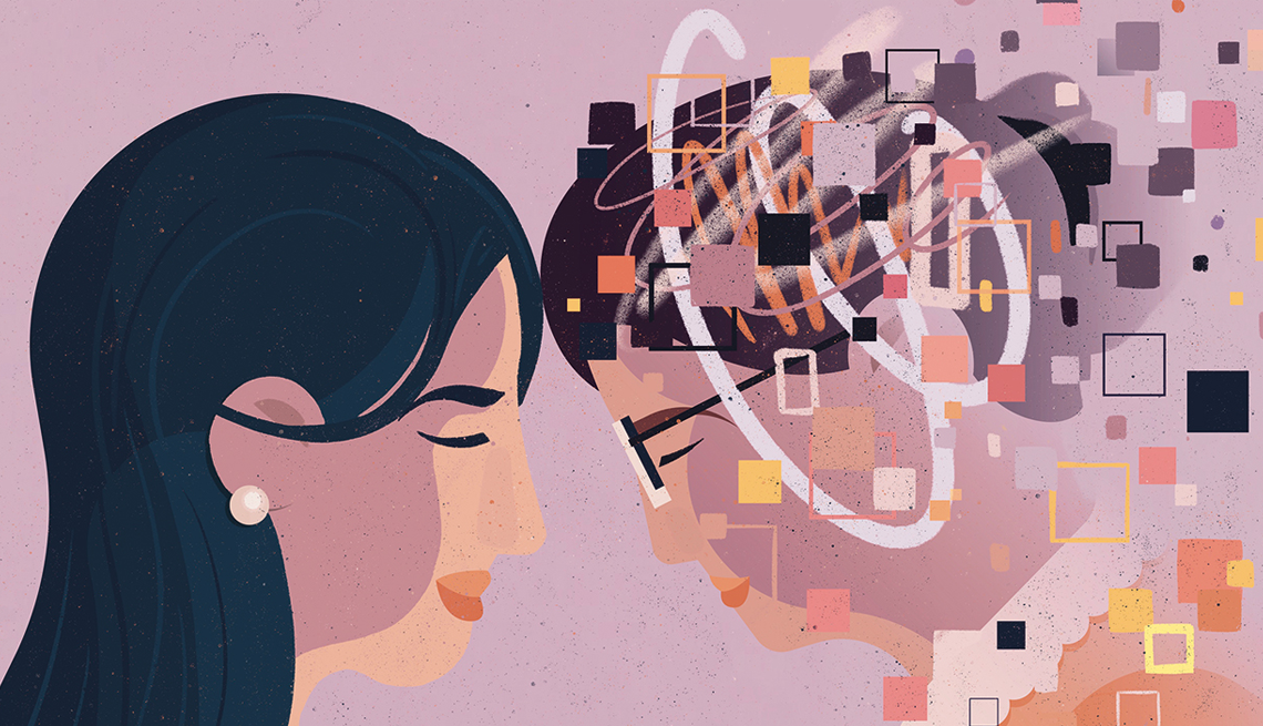 Ilustración muestra dos perfiles, una mujer joven a la izquierda y una mayor a la derecha, sobre la cabeza de la mayor se ven dibujadas líneas curvas y cuadrados de diferentes colores.