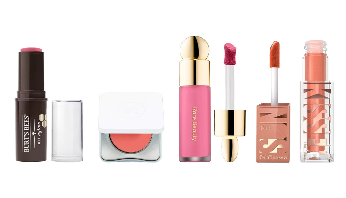 Burt’s Bees All Aglow Lip & Cheek Stick; Honest Beauty Creme Cheek + Lip Color; Rare Beauty by Selena Gomez Soft Pinch Liquid Blush; Maybelline New York SunKisser Liquid Blush