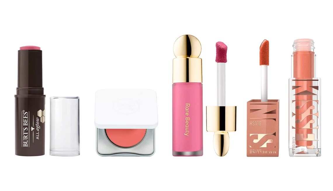 Blush Burt’s Bees All Aglow Lip & Cheek Stick; Honest Beauty Creme Cheek + Lip Color; Rare Beauty by Selena Gomez Soft Pinch Liquid Blush; Maybelline New York SunKisser Liquid Blush