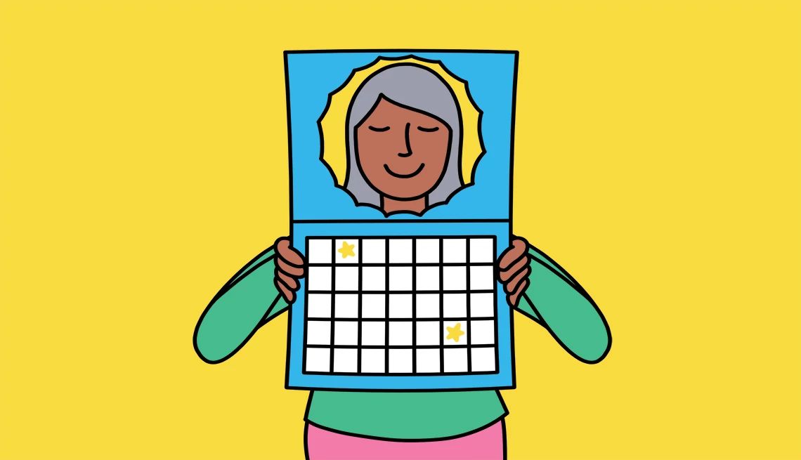Space out your services An illustration of a woman with her eyes closed smiling seen through a calendar