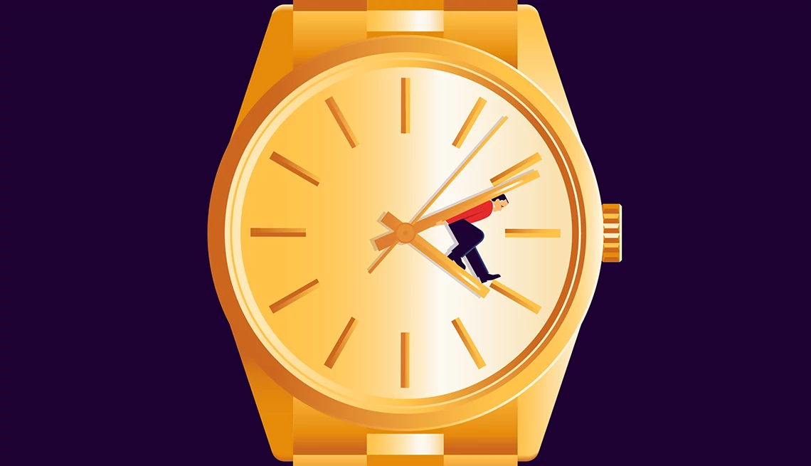 Why Am I Dreading Retirement? a watch face with a man trying to stop the hands from moving forward