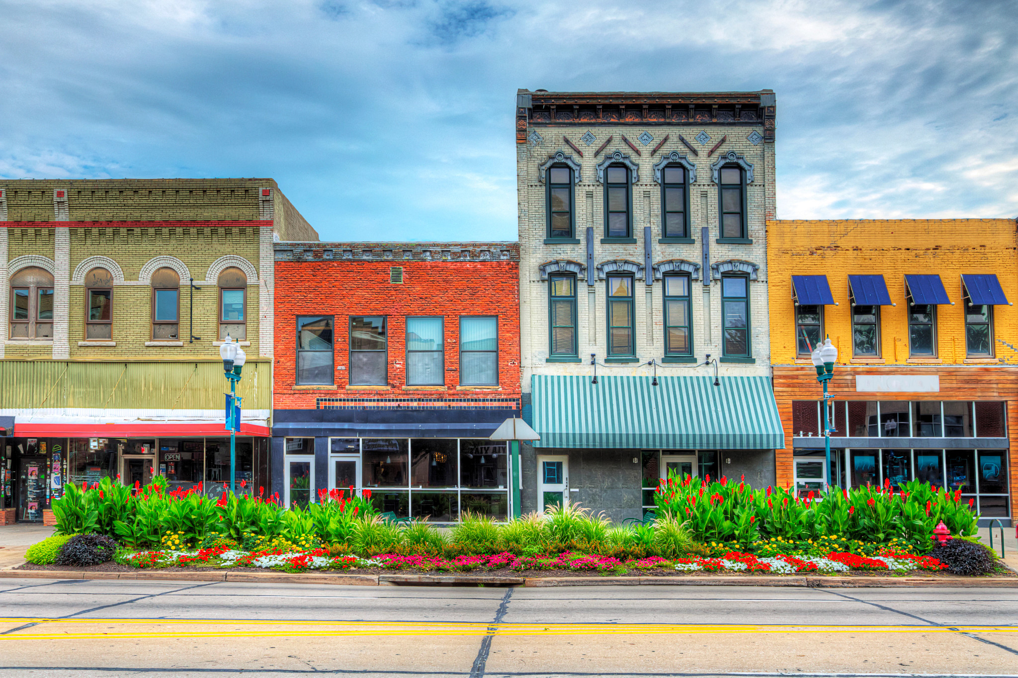 A row of colorful historic buildings in Lincoln, Nebraska.