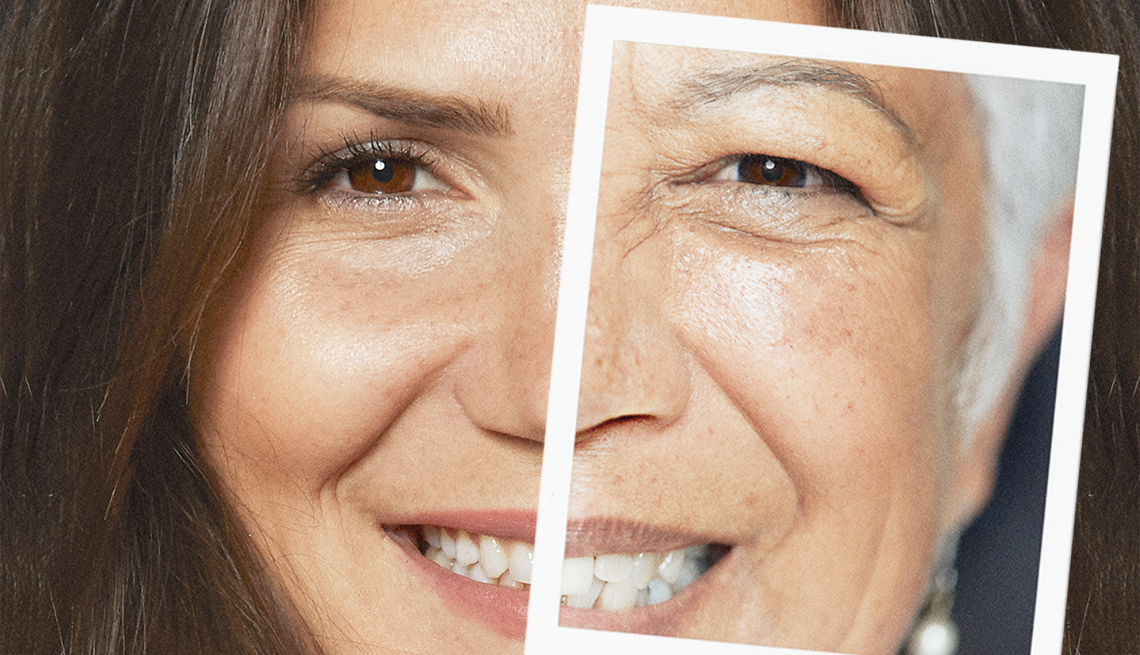 A Woman Struggling With Accelerated Aging a woman with a photograph showing accelerated aging over the right half of her face