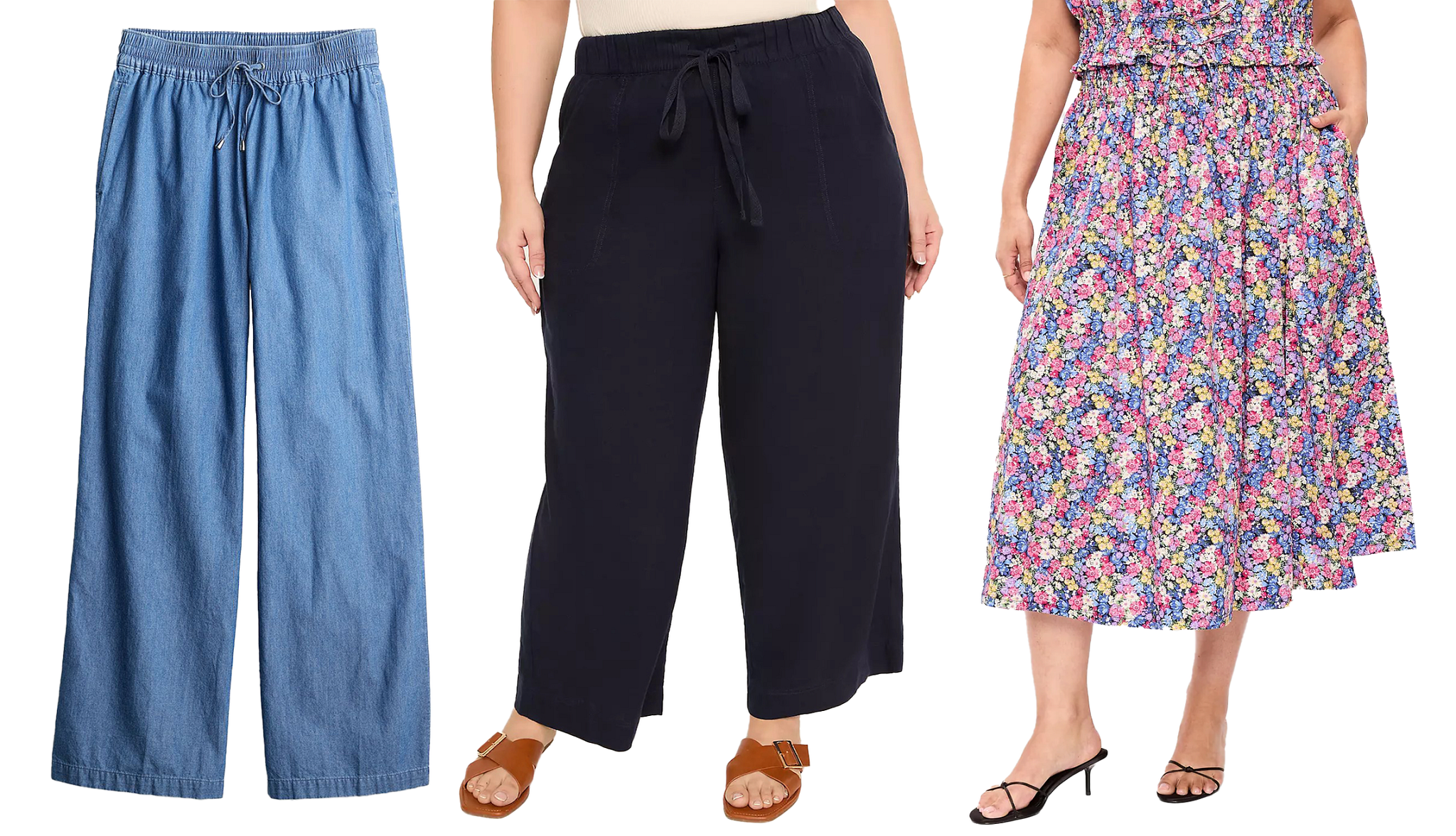 a collage with a pair of loose fitting drawstring jeans, a model wearing loose fitting trousers and a model wearing a patterened midi skirt