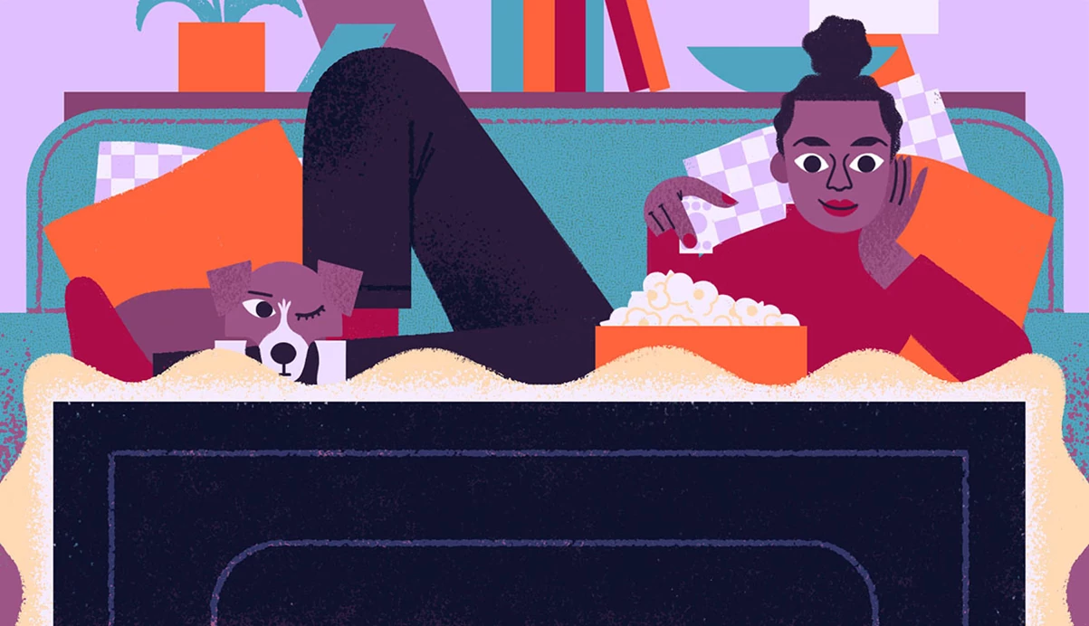 illustration of woman laying on couch watching tv with bowl of popcorn and dog