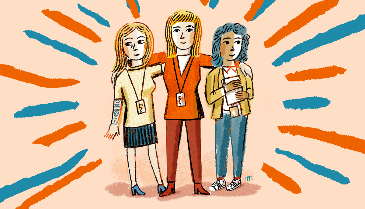 an illustration of an older employee with her arms around younger colleagues