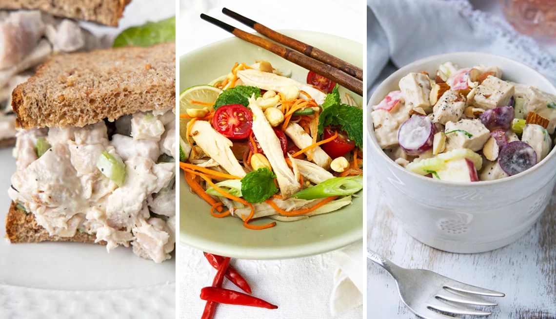 3 Chicken Salad Recipes Side-by-sides of Deli style, Asian Chicken and Green Mango, and Waldorf Chicken Salad
