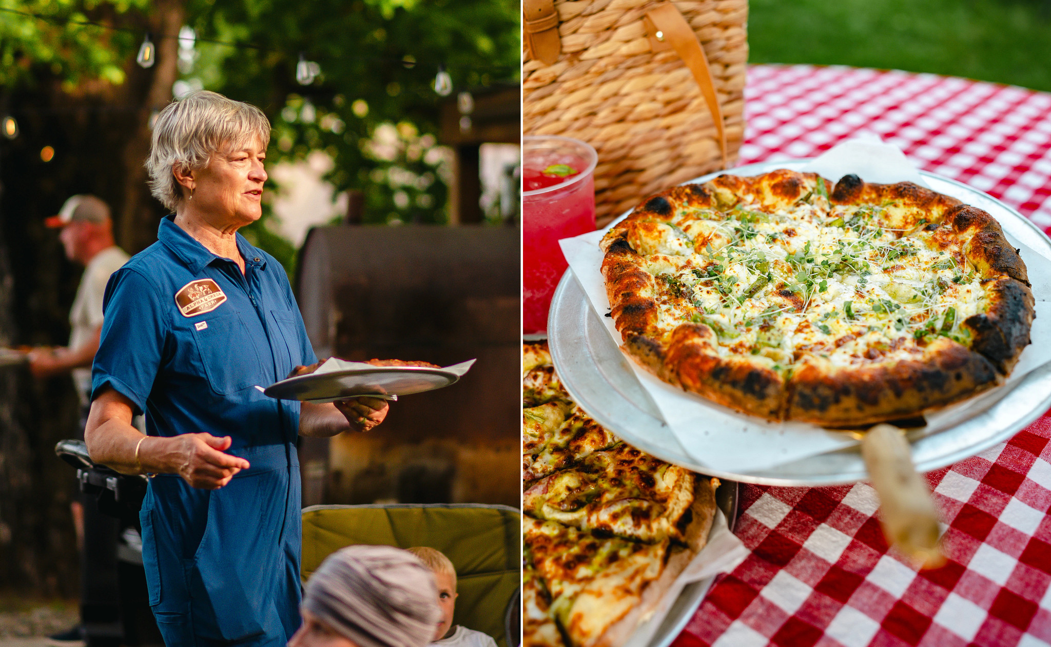 a split image of a woman walking with a pizza and a pizza on a plate