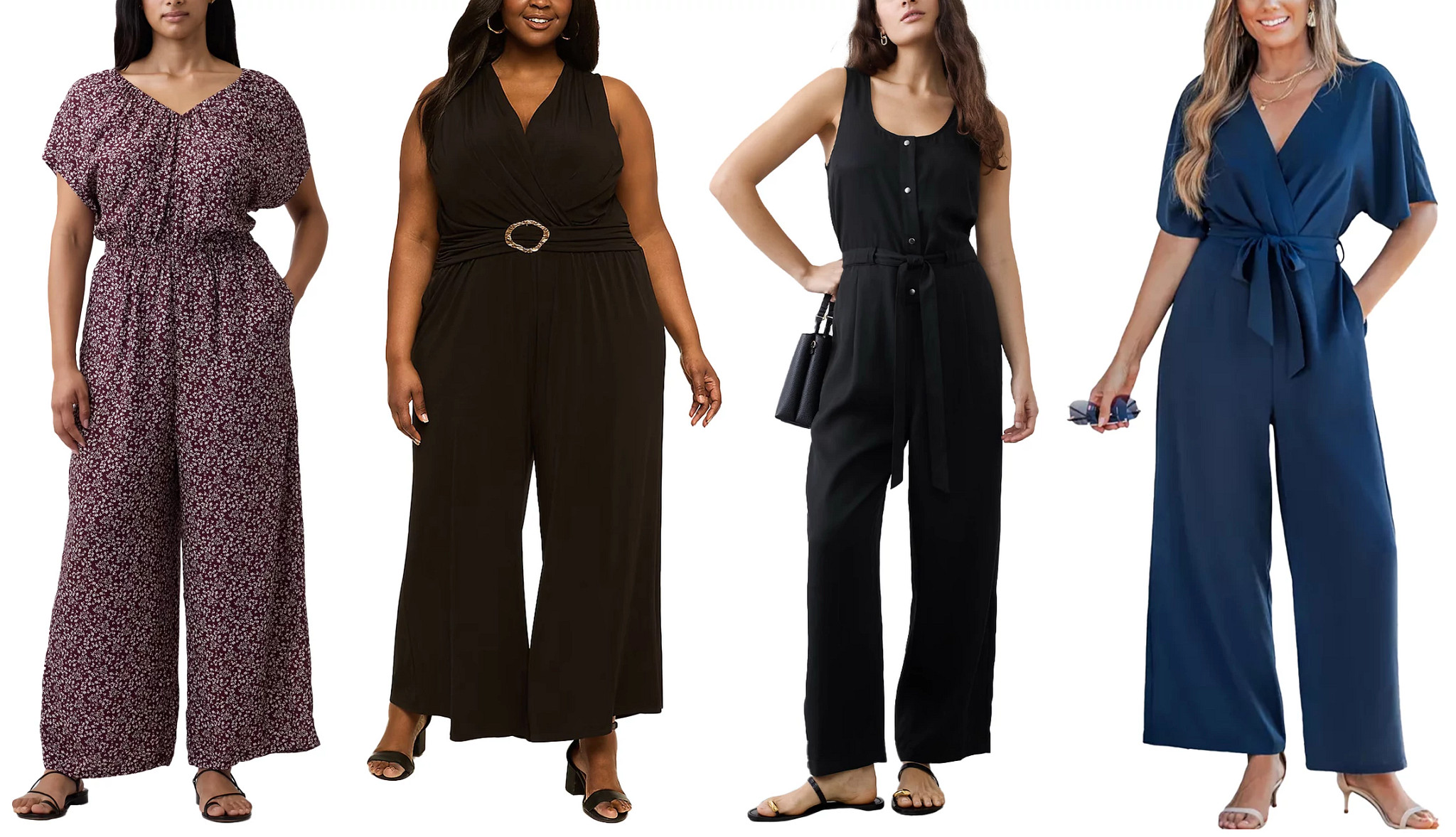 a collage with four models wearing jumpsuits in various colors and patterns