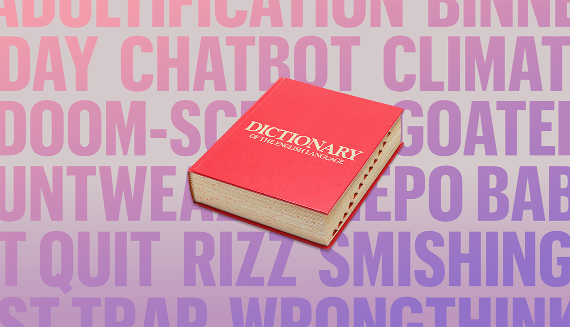 a list of numerous new words and expressions a collage of various words and expressions on a purple background with a dictionary in the middle