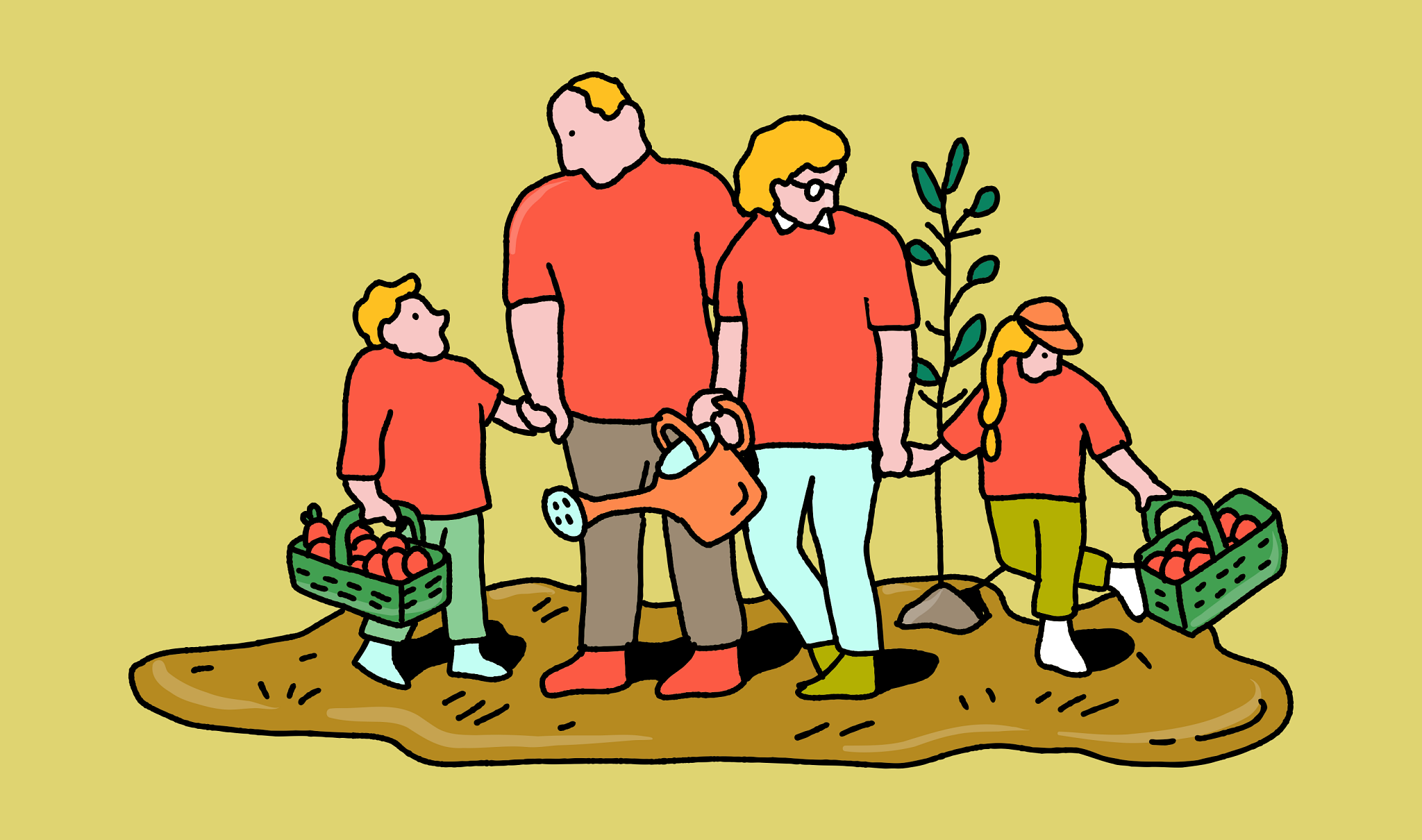 a family planting and working in a garden