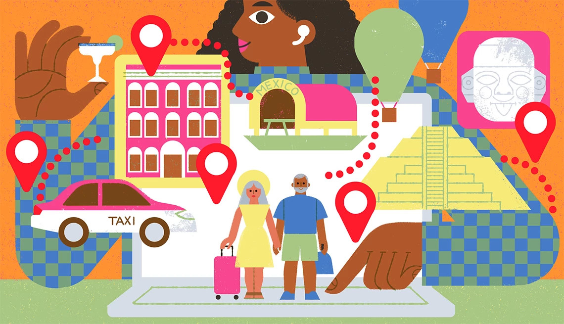 an illustration of a couple holding luggage surronded by landmarks and travel related items with a person wearing a headset in the background