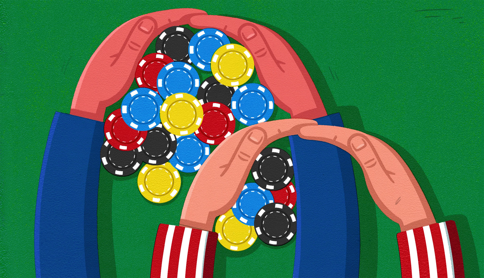 two pairs of hands collecting casino chips