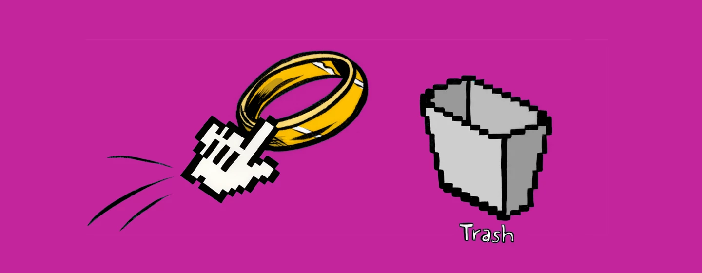 A graphic of a computer pointer moving a wedding ring to the trash icon.